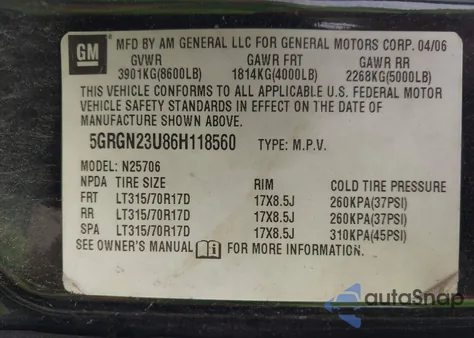 2006 Hummer H2 Suv from USA, damaged, VIN 5GRGN23U86H118560